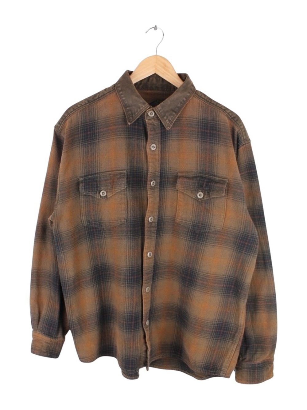 North River Plaid Flannel Shirt Brown Button Up Cotton Suede‎ Collar Size Large